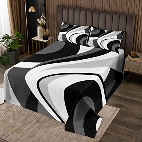 Grey White Black Bedspread King Size Geometric Abstract Circle Swirls Bedding Set 3pcs Teens Men Adults Home Room Decor Stripes Comforter Set Modern Simple Quilt Set,2 Pillowcases