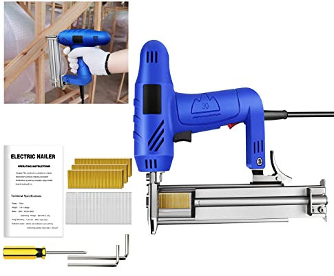 Electric Construction Staple Brad Nail Gun with 300 X 19mm Size Nail, 100 X 25mm Straight Nail, 240V 2-in-1 Stapler Nailer for Pine, Cardboard, PVC Sheet, Blue
