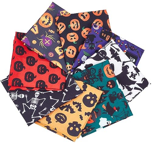 GORGECRAFT 8 Stile Halloween-Stoff Fat Quarter Baumwollstoffbündel Vorgeschnittenes Patchwork Mehrfarbig Geister Kürbis Hexen Schlösser Muster Tücher Bögen Zum Nähen Basteln DIY-Dekorationen