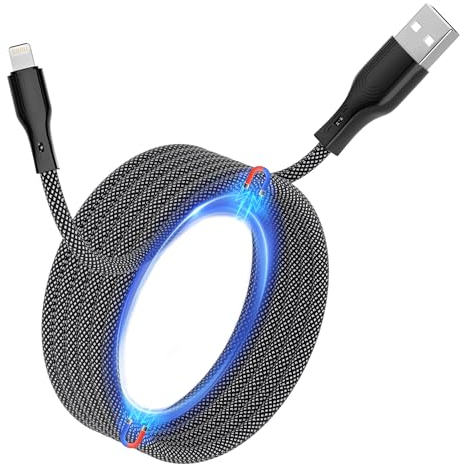 Magtame Magnetisch iPhone Ladekabel, 1.5M Aufgerollt USB A Light-ning Kabel, MFi Zertifiziert Nylon Schnellladekabel für iPhone 14 13 12 11 Pro Max XR XS X 8 7 6 Plus 5 Carplay Schwarz
