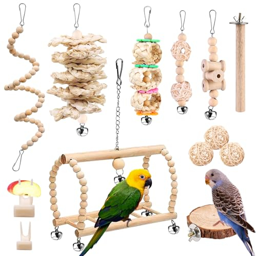 Papageienspielzeug 13-Teiliges, Naturholz Wellensittich Spielzeug Schaukel Sitzstangen, Vogelschleifklauen Klettern Stehend Vogelspielzeug Vogelkäfig Zubehör für Kanarienvogel Nymphensittich