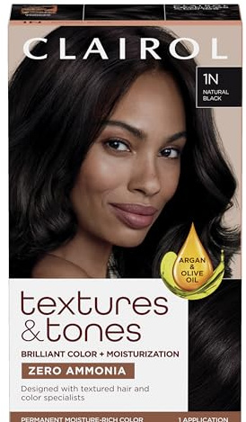Clairol Textures & Tones Permanent Hair Dye, 1N Natural Black Hair Color| Ammonia Free | Moisture-Rich Formula with Argan, and Olive Oil for Brilliant Shine | Pack of 1