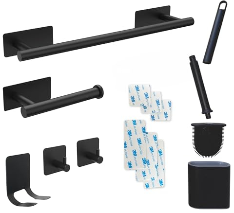 MORCI Toalleros de Baño sin Taladro - Juego de Accesorios baño 6 Pcs, Toallero Adhesivo baño, Escobilla baño Silicona, Portarrollos Papel Higienico, Ganchos Adhesivos para Pared, Portamaquinilla