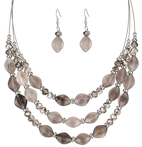 FULU AUTUMN Chunky Statement Perlen Kette und Ohrringe Set Schmuck Set für Damen Valentinstag Geburtstags Geschenk für Frauen(42-Grey)