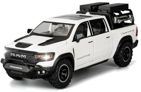 TGRCM-CZ Dodge Ram Mammoth Pick-Up Truck Modell Auto, Zink Legierung Pull Back Spielzeugauto mit Ton und Licht für Kinder Jungen Mädchen Geschenk (Weiß)