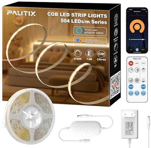 PAUTIX WIFI COB LED Streifen WarmWeiß 2700K 7.5m,504LEDs/M Dimmbar 24V Flexibel LED Streifen Funktion mit Alexa,RF Fernbedienung/Smart App und Netzteil,CRI90+ Helligkeit für Home DIY Dekoration