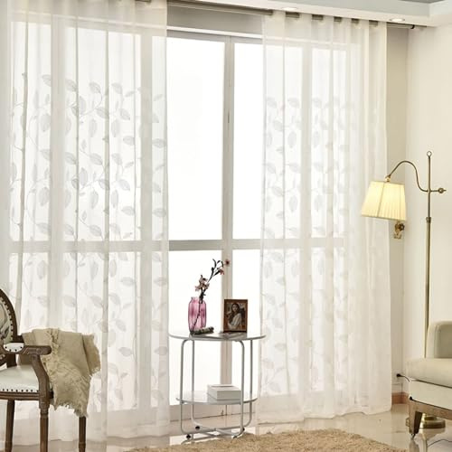 Homxi Gardinen Wohnzimmer Transparent 2er Set,2 x 86W x 115H cm,Gardinen Transparent Küche Weiß Blatt Stickerei Küchengardinen Modern Ösen