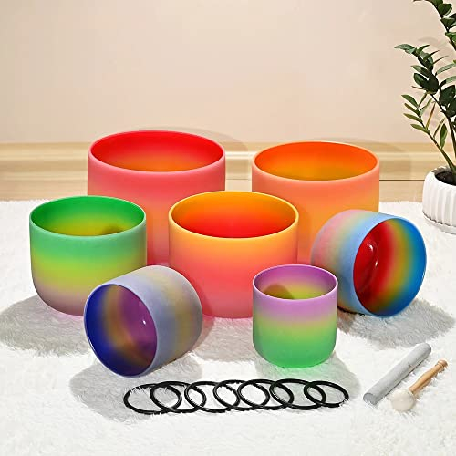 Quarz-Kristall-Klangschalen Schlägel, Colored, 6-12 Inch Set, With Carrying Bags Suede Sticks And Rubber Mallets, Adjusting Emotional State(432hz)