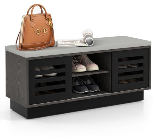 HOMASIS Banco con cajones para Zapatos, Zapatero con Asiento Acolchado, Baúl con 3 estantes Ajustables y 2 Puertas correderas, Zapatero de Madera para Pasillo, Entrada, 99,5 x 34,5 x 46 cm (Negro)