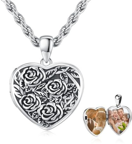 JFASHOP Collana con medaglione di cuore per le donne in argento Sterling 925 cuore rosa fiore ciondolo amuleto aperto per foto collana di Natale matrimonio anniversario gioielli regali per ragazze,