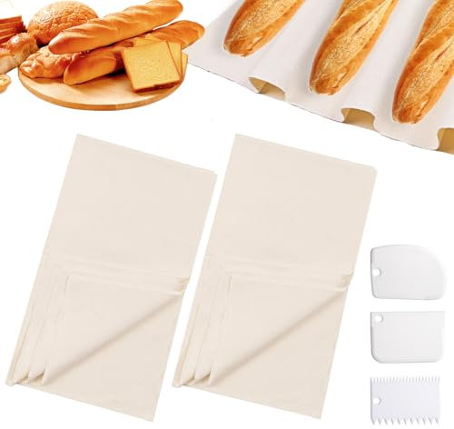 2 Stück Bäckerleinen Leinentuch Brot Backen, 45 x 75cm Bäckerleinen Teigtuch mit Teigschaber, Baumwolle Backleinen Teigtuch, Strudeltuch Für Apfelstrudel Groß für Baguettes, Bäckerbrote, Gebäck