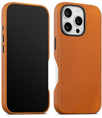 maogoam for iPhone 16 Pro Max Case Leather 6.9 inch, Compatible With MagSafe, Genuine Vintage Crazy Horse Leather, Metal Buttons & Camera Bump Frame, Indiana-Jones Style, Tan Brown