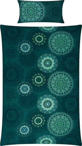 Erwin Müller Bettwäsche, Bettgarnitur Flanell - Mandala - mollig warm, temperaturregulierend, mit praktischem Reißverschluss - Petrol Größe 40x80 cm / 155x200 cm