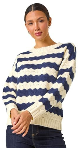 Roman Wave Colour Block Knit Jumper for Women UK - Ladies Autumn Everyday Winter Holiday Round Neckline Comfy Long Sleeve Soft Drop Shoulder Top Office Desk Sweaters - Midnight Blue - Size 16