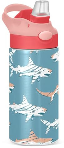 Mnsruu Kids Water Bottle with Straw 350ml, Shark Striped Ocean Blue Stainless Steel Insulated Toddler Cup Metal Leak Proof Drink Flask Bottle for Girls, BPA-Free