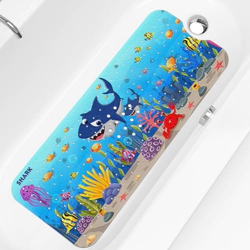 XIYUNTE Baby Bath Mat Non Slip Anti Mould, 100x40cm Extra Long Kids Bath Mat with Suction Cups and Drain Holes, Non Slip Bath Mats for inside Bath Kids, Machine Washable, Shark