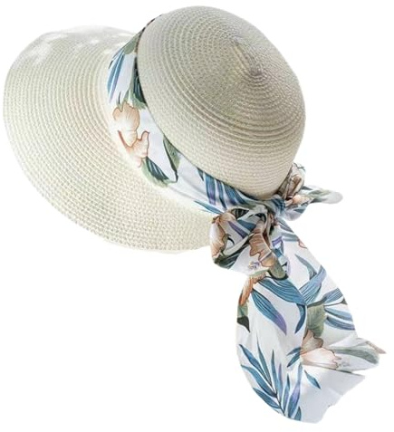 Cazqgoy Ladies Straw Hat Foldable Cap Floppy Wide Brim Summer Beach Hats，Women Wide Brim Floppy Sun Hat Foldable Adjustable Summer Straw Beach Hats (White)