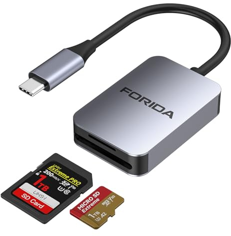 FORIDA USB-C Kartenleser 3.0 190MB/S Hochgeschwindigkeit, Dual-Kartenlesegerät 2-Port, gleichzeitig nutzbar für iPhone 15/16/17 Laptop Tablet Kamera, kompatibel mit Micro SD/SDHC/SDXC