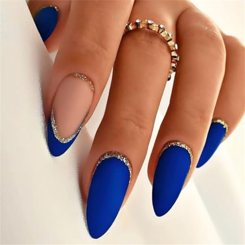 24 Pcs French Tip Press On Nails Blue False Nails Almond Shape Full Covers Stick On Nails Glittering Artificial Nails
