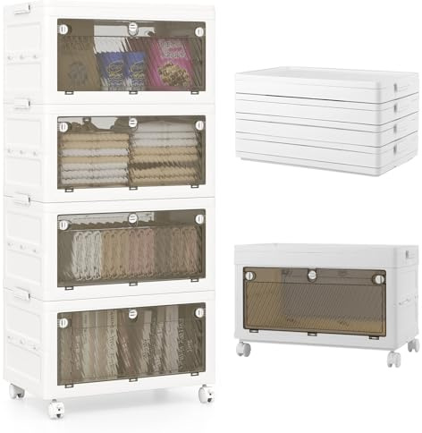 GOPLUS 3/4 Aufbewahrungsbox stapelbar, 126 L/168 L Stapelboxen mit Deckel & 3-Fach zu öffnende Schubladen, klappbare Kunststoffboxen mit Rollen für Schlafzimmer, Garderobe, Wohnheim (168 L)