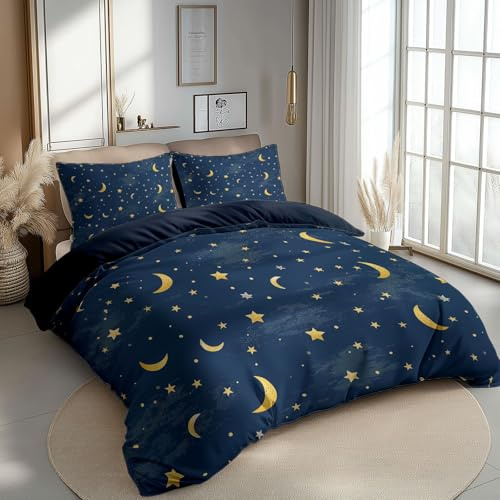 CozyRest Bettwäsche 135 x 200 cm Bettbezug Set 3 Teilig mit 2 Kissenbezügen, Muster Sterne und Mond Sternenhimmel Wende Blau Bettwäsche für Teenager Kinder, aus Weiche Mikrofaser mit Reißverschluss