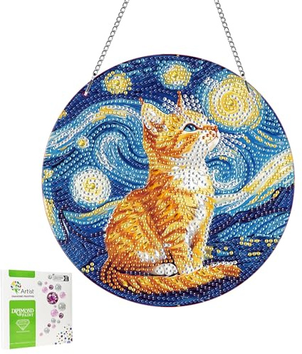 LOMSIOY Diamond Painting Pendentif, Star Diamond Painting Haning pour Fenêtre Décoration, Cat Diamant Suspendus avec Chaîne, Peinture Diamant Pendentif pour Mural, Porte 20x20cm