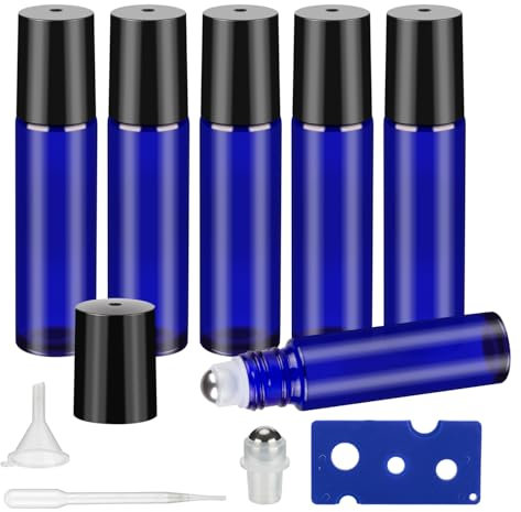 GIVITASOT 10ML Essential Oil Roller Bottles, 6 Pack Blue Oil Roller Bottles for Essential Oils, Roll on Bottle with Stainless Steel Balls(6 Labels, Opener, Funnel, Dropper Included)
