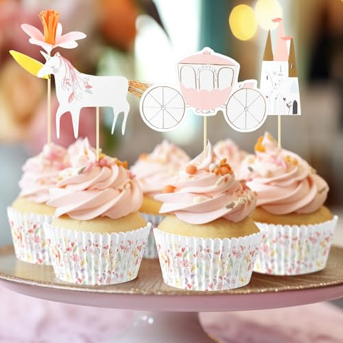 Humyoun 48 Pcs/24 Sets Unicorn Princess Cupcake Toppers Kit Includes 24 Cupcake Toppers and 24 Floral Cake Cup Unicorn Theme Party Supplies for Birthday Wedding Princess Theme Party Baby Showers