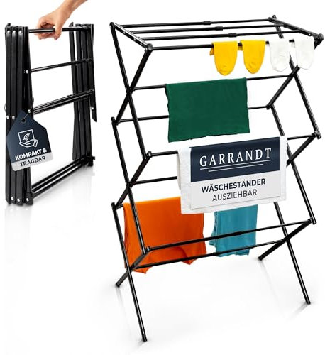 Garrandt Séchoir à Linge Pliable, Robuste, Peu encombrant, 6 Niveaux avec 11 Barres, Pliable et Extensible, Petit, Balcon en Noir (Noir)