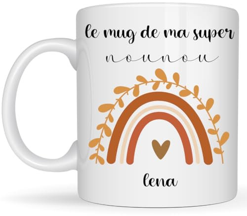 henrietteandco - Mug Nounou Personnalisé Cadeau Original Remerciement | Tasse Prénom Assistante Maternelle 330ml Céramique Blanc | Idée Cadeau Fin Contrat Année (Arc en Ciel)