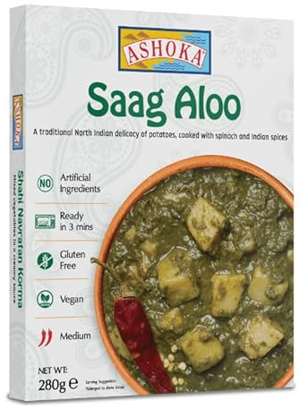 Ashoka Indian Ready Meals Collection, Gluten-Free, Vegan & Vegetarian Curry Pack,Heat & Eat,12 Authentic Dishes (Pack of 3, Saag Aloo)