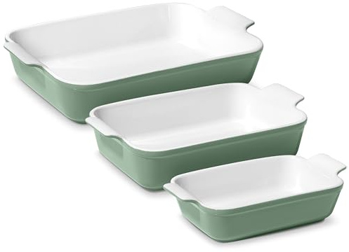 ROSSALLINI Stoneware Casserole Dish Bakeware Set of 3 | Rectangular Dinnerware Set with Handles [Sage Green]