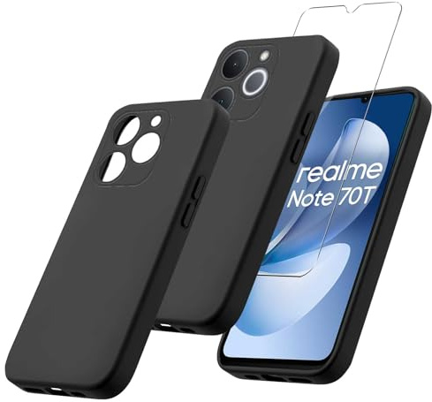 MIBZOR 2 in 1 Funda para Realme Note 70T / Realme Note 70 4G (6.74) Negro | con 1 Piezas Vidrio Templado Protector de Pantalla Película Protectora, Black Carcasa Silicona TPU Suave Caso Case