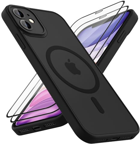 Wanme Magnétique Coque pour iPhone 11 avec 2 Verre Trempé,Compatible avec MagSafe,Protection d'objectif Tout Compris, Etui Translucide Mat Arrière Housse Fine Antichoc Case (Noir)