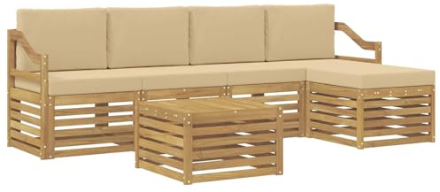 vidaXL Outdoor-Sofagarnitur mit Kissen 6 pcs Weiß und Beige Polyester, Gartenmöbel, modernes Outdoor-Sofa, modulares Set, Lounge für die Terrasse, bequem entspannen