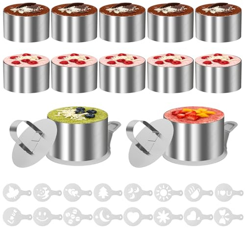YeeQo 12 Stück Dessertringe (Ø8 cm), 2 Deckel, 2 Basis und 16 Schablonen | Edelstahl Servierringe Speiseringe, Kuchenringe, Backringe, Anrichteringe, Tortenring Klein für Mousse, Donuts, Pudding