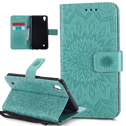 Kompatibel mit LG X Power Hülle,LG X Power Schutzhülle,Prägung Mandala Blumen Sonnenblume Muster PU Lederhülle Flip Hülle Cover Schale Ständer Etui Wallet Tasche Case Schutzhülle für LG X Power,Grün