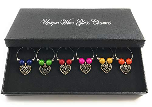 Libby's Market Place Bright Colour Antique Hearts Wine Glass Charms with Gift Box
