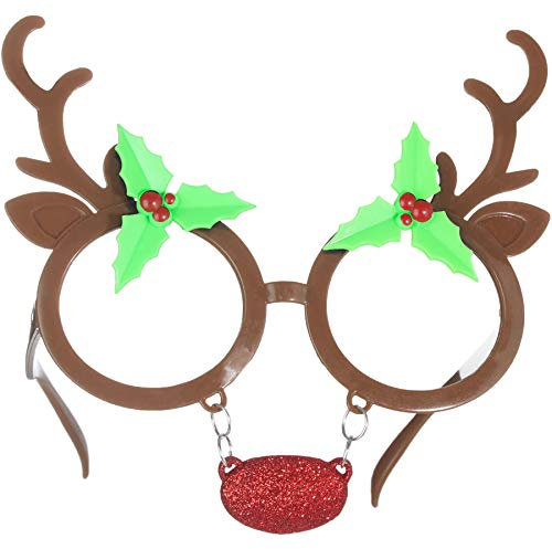 dressforfun 302774 - Spaßbrille Rentier mit Blättern, rot glitzernde Nase an Kettchen