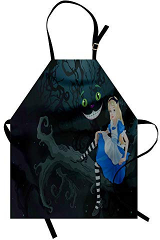 ABAKUHAUS Alice im Wunderland Kochschürze, Alice, die auf Niederlassung und Chescire Cat in der Dunkelheit-Karikatur-Art sitzt, Farbfest Höhenverstellbar Waschbar Klarer Digitaldruck, Mehrfarbig