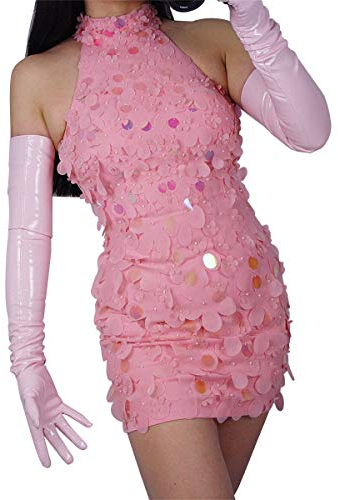 DooWay Opera Lederhandschuhe für Damen, Länge 71,1 cm, Lack-PU-Wet-Look, für Cosplay, Kostümparty, Helles Pink, Medium