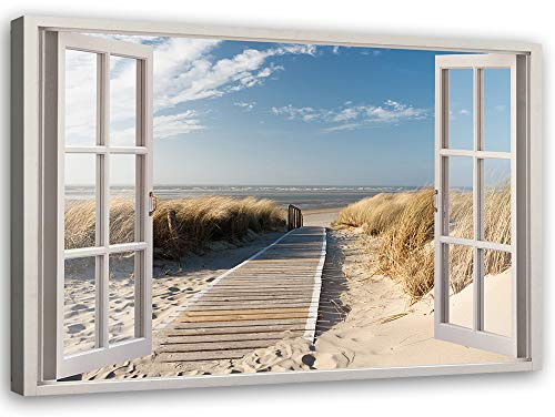 Feeby Wandbilder - Bilder Schlafzimmer - Fensterblick Meer Strand Landschaft - 60x40 cm 1tlg - Wohnzimmer Bild Groß - Wohnungs - Foto Geschenk - Leinwand Wall Art - Wand Deko