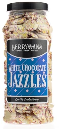 Original Jazzies White Chocolate Jazzies Snowies Jazzles Retro Sweets Gift Jar By Berrymans Sweet Shop - Classic Sweets, Traditional Taste.