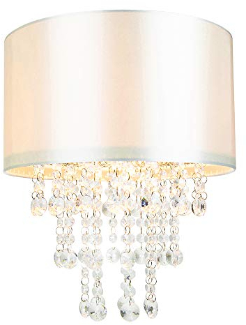 Modern and Eye-Catching Cream Satin Fabric Pendant Light Shade with Hanging Transparent Acrylic Droplets | 30cm Diameter by Happy Homewares