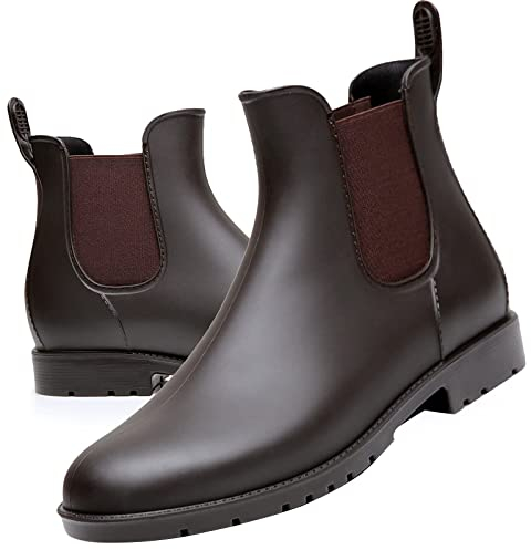 Acfoda Kurze Damen Gummistiefel Herren Regenstiefel Wasserdicht Lack Regen Schuhe Ankle Chelsea Boots Gummi Stiefel mit Blockabsatz Braun Gr.38