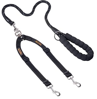 Mighty Paw Double Dog Lead | Dual Two Pet Leash with Comfort Grip, and Weatherproof Climbers Rope Handle. Tangle-Free 360° Swivel Hook. Adjustable Splitter for Small Medium and Large Breeds (Black)