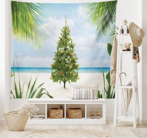 ABAKUHAUS Weihnachten Wandteppich, Baum Lametta und Ornamente Tropical Island Sandy Beach Party Thema, aus Weiches Mikrofaser Stoff Wand Dekoration Für Schlafzimmer, 150 x 110 cm, Grün Blau Creme
