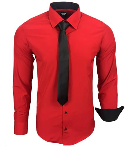 Subliminal Mode - Chemise Homme Manches Longues Col Bicolore Uni + Cravate Noir Chemise Coupe Ajusté Business Repassage Facile RN77 Rouge L