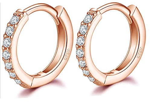 GULICX 12mm Silver Rose Gold Hoop Earrings for Women Men Teens, Hypoallergenic 925 Sterling Silver Post Small Hoop Earrings with AAA Cubic Zirconia, Huggie Hinged Cartilage Sleeper Hoops Earring