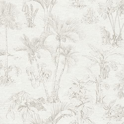 Papier peint palmier & monstera écru vintage | Tapisserie grise & blanche tropicale | Papier peint motif tropical salon & chambre